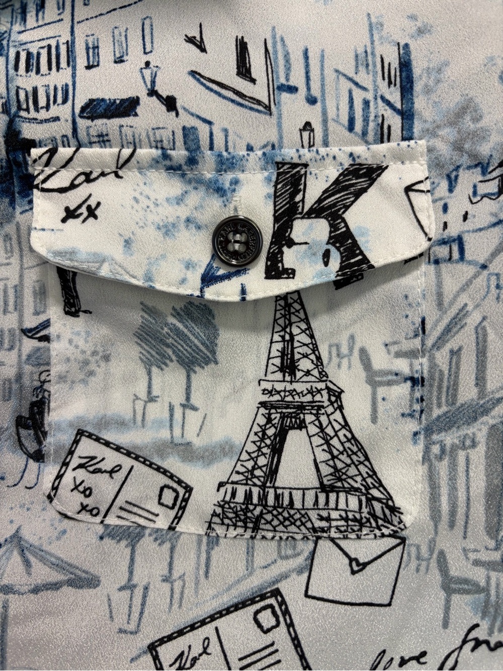 Karl Lagerfeld Paris Print Button-Down Shirt M White Blue Novelty - Picture 4 of 9